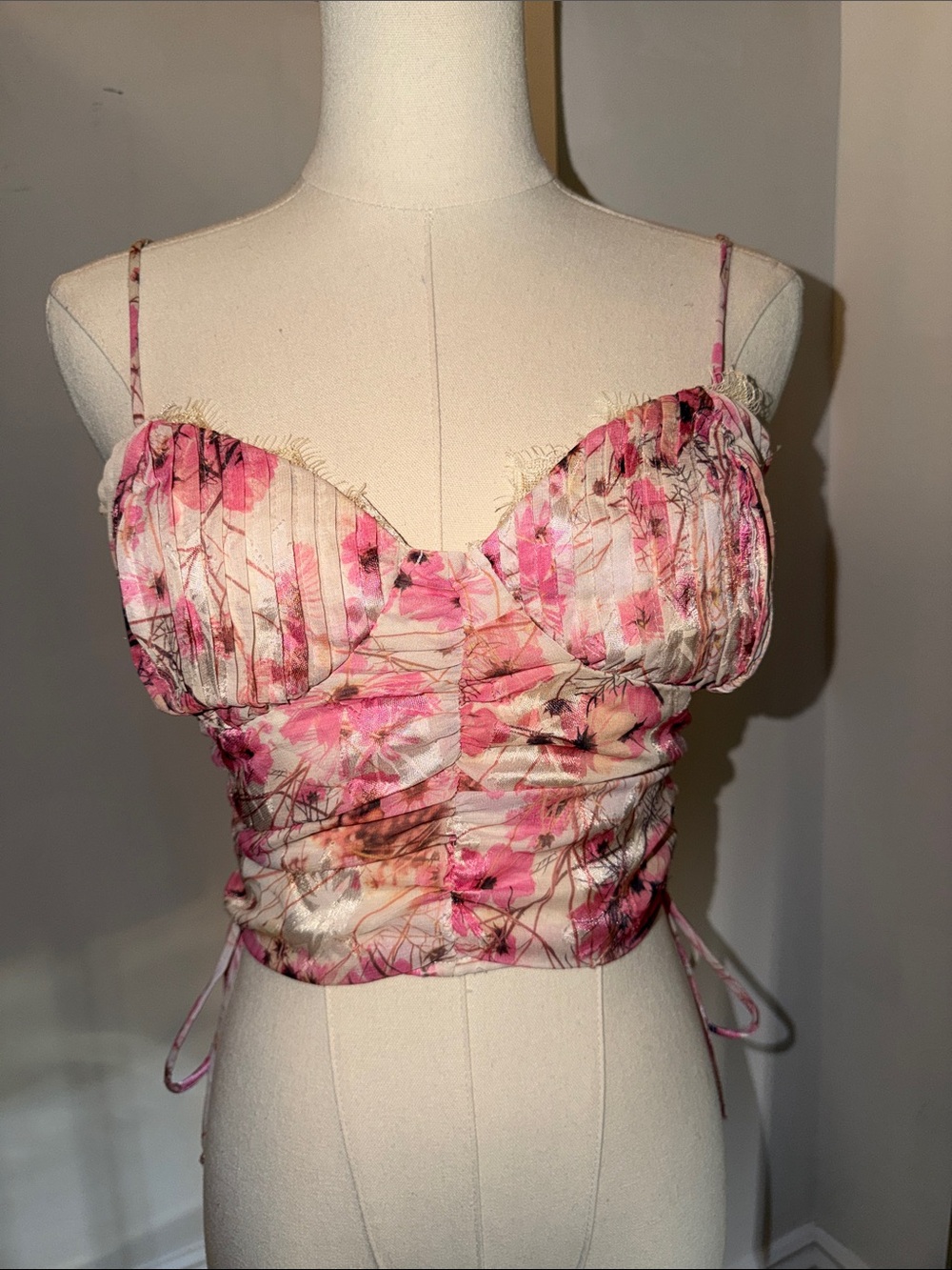 Urban Outfitters Pink Floral Ruched Bustier Top